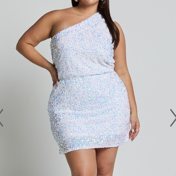 One shoulder white sequin iridescent mini dress - Picture 2 of 4